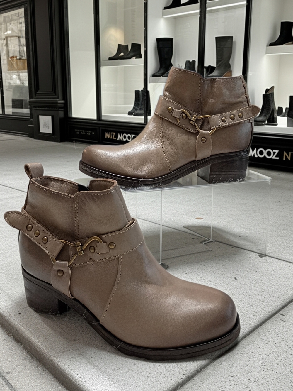 Miz Mooz Sydni Taupe Leather Ankle Booties with Brass Buckle Strap EU 38